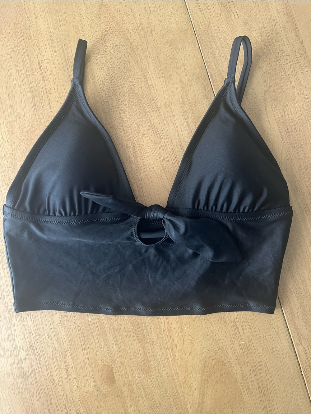 Aerie Longline Triangle Bikini Top with Tie-Front in True Black